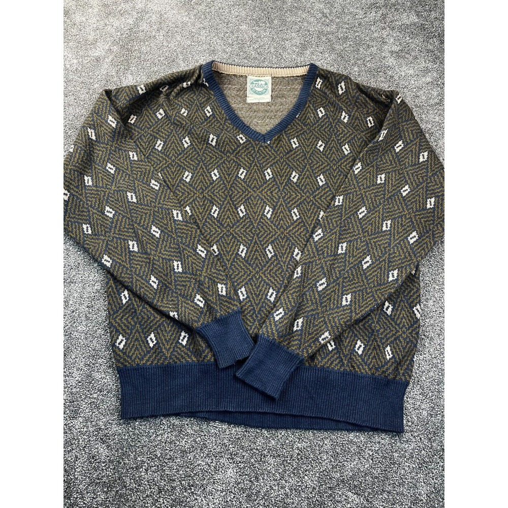 Classics By Puritan Sweater Mens L V-Neck Pullover Cotton Long Sleeve Blue Cream